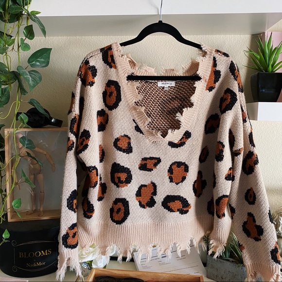 Miracle Sweaters - Leopard v neck slouchy cheetah sweater raw hem